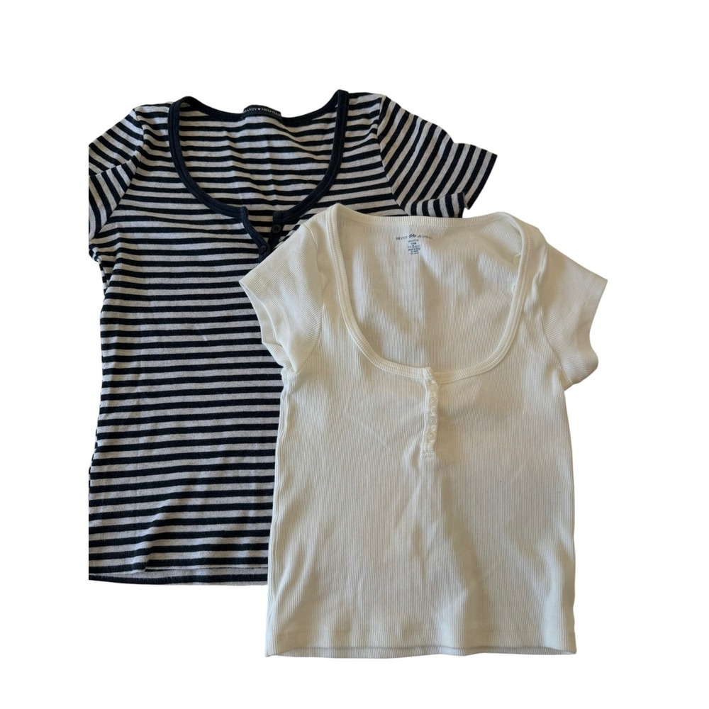 Brandy Melville‎ Bundle of 2 Henley Tops, OS Ribbed Cotton White Navy Stripes